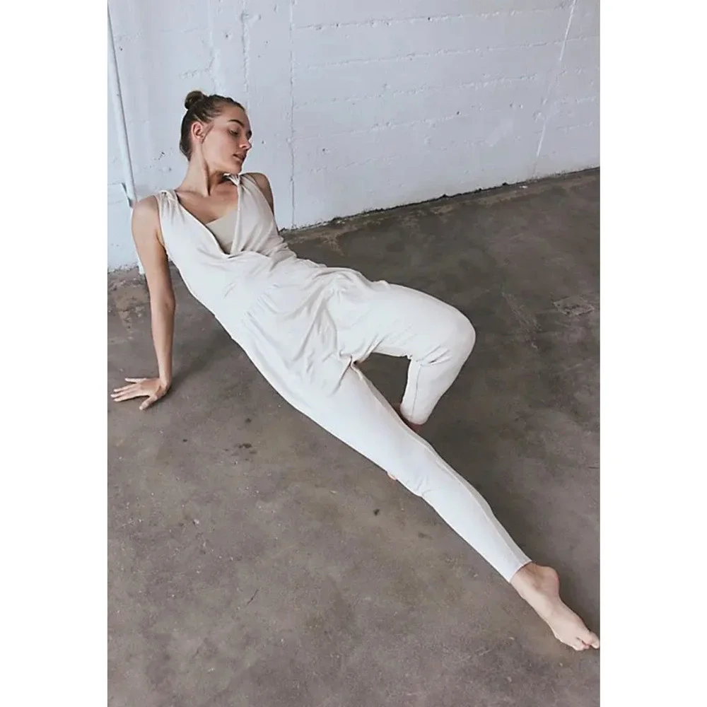 NEW FREE PEOPLE FP MOVEMENT BAMBOO BEIGE SECOND CHANCE ONE PIECE JUMPSUIT SZ L